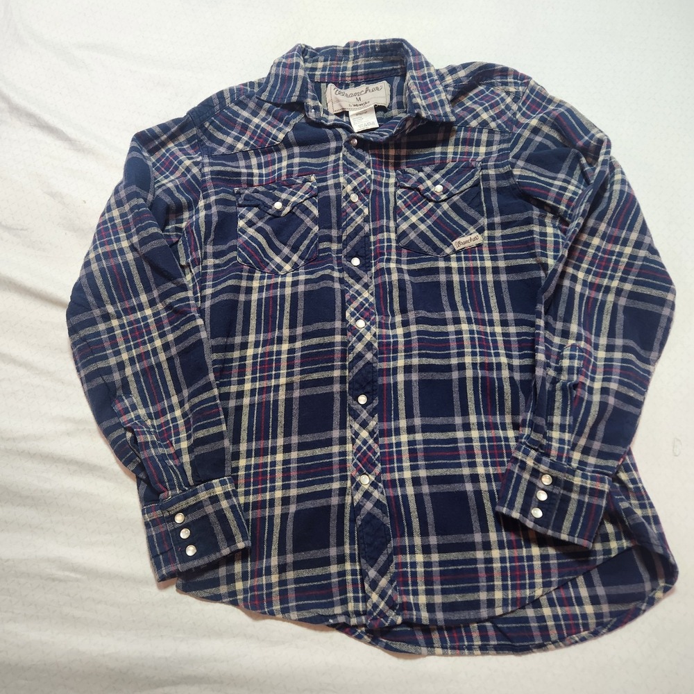 Wrangler Wrancher Pearl Snap Flannel Shirt Adult Medium Blue Western Mens M